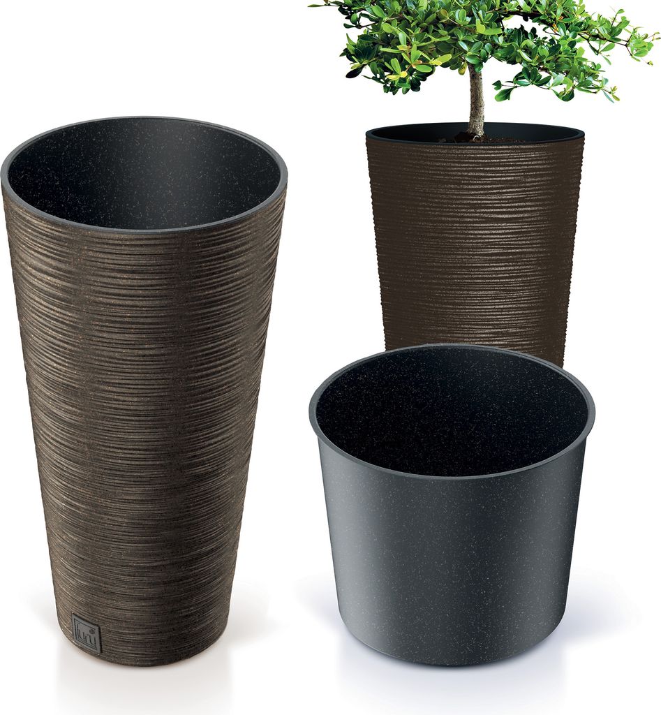 Three plant pots are displayed against a white background. One tall, textured brown pot is on the left. Another similar brown pot, containing a small green plant, is in the background. A smaller, plain black pot is in the foreground on the right.