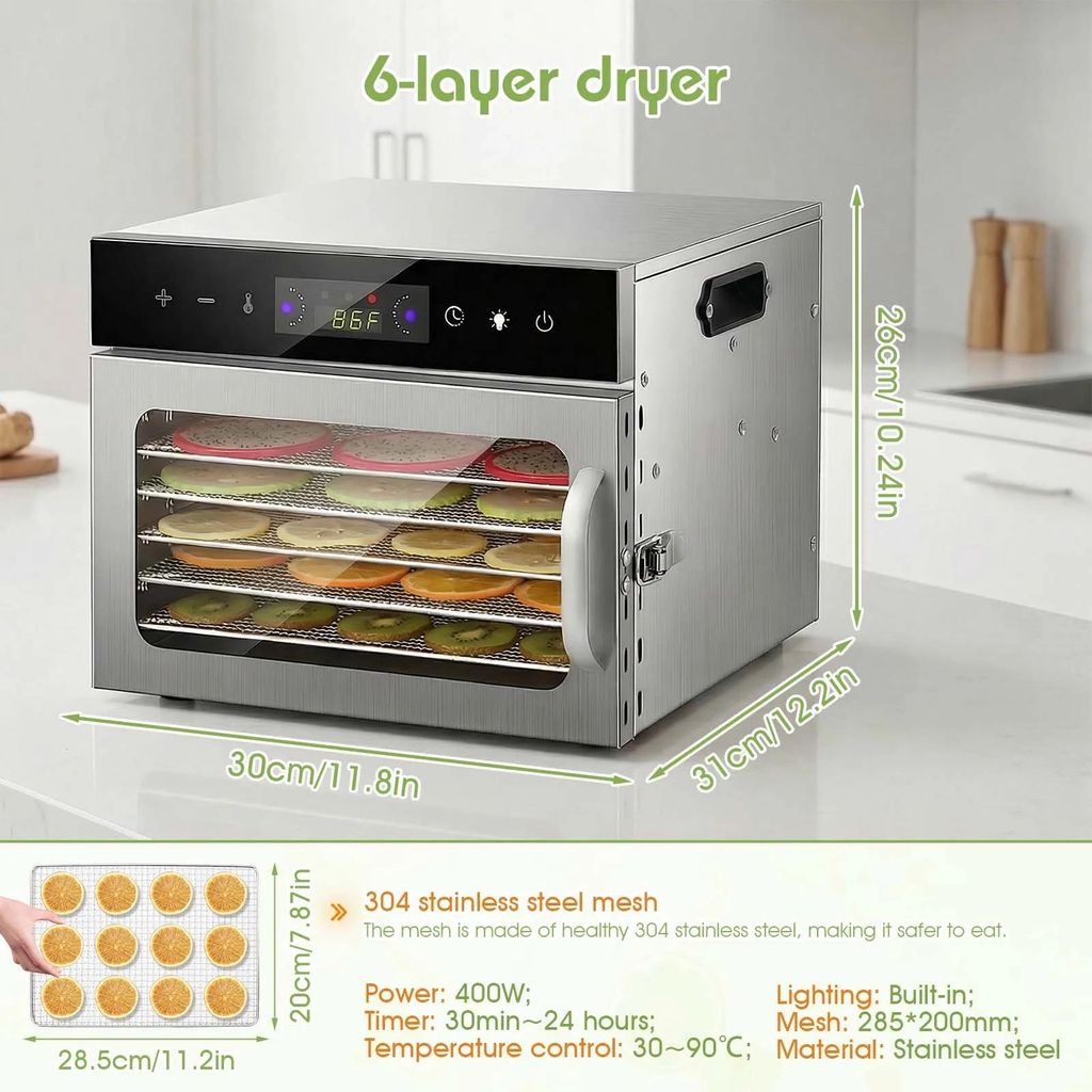 Lebensmittel Dörrautomat - Dörrofen 6 Etagen - 800W 220-240V - 30–90°C einstellbar - 24h Timer - Edelstahl für Fleisch, Obst, Gemüse, Hundel...