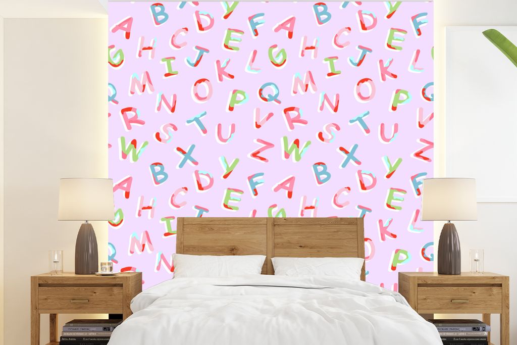 MuchoWow Fototapete für Wohnzimmer oder Schlafzimmer Wandtapete Vinyl Motivtapete Alphabet - Buchstaben - Muster - 200x220 cm - Vinyltapeten
