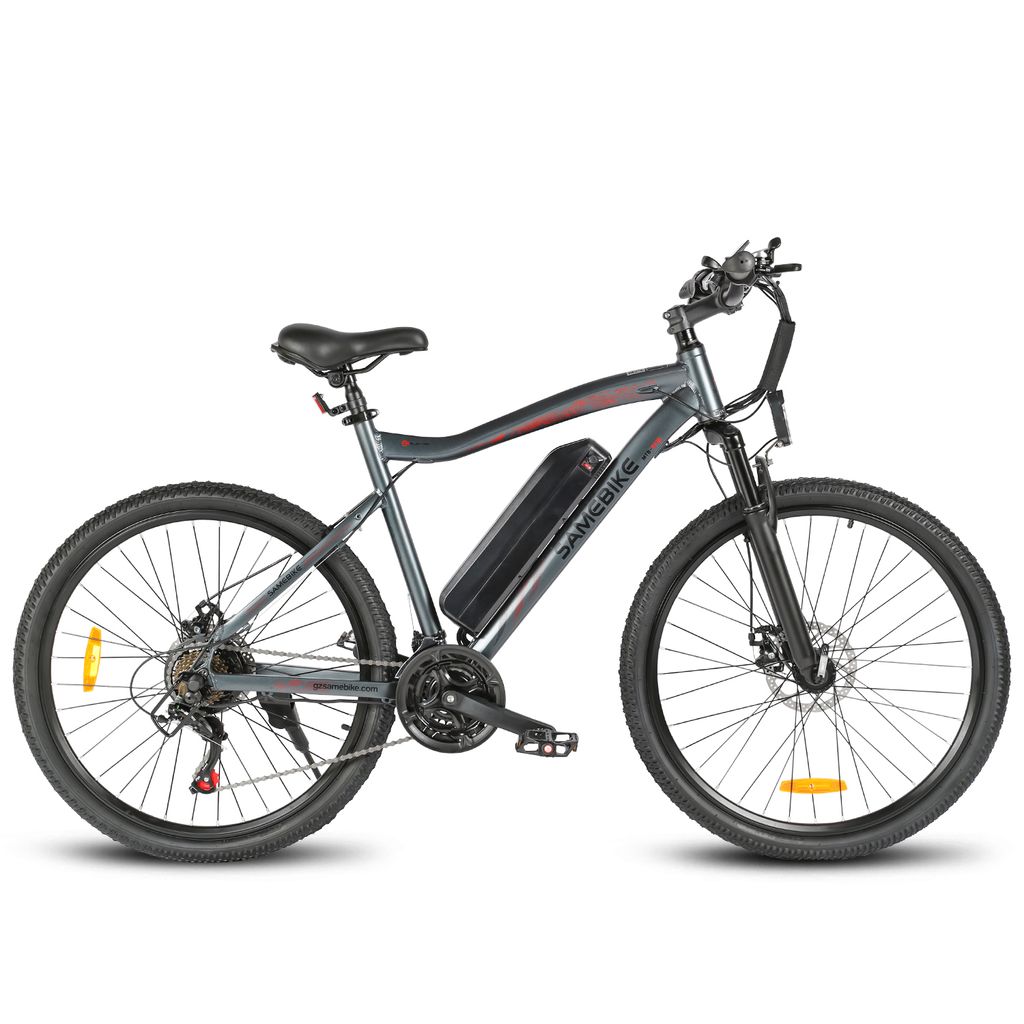 A studio shot of a gray electric bicycle against a white background.