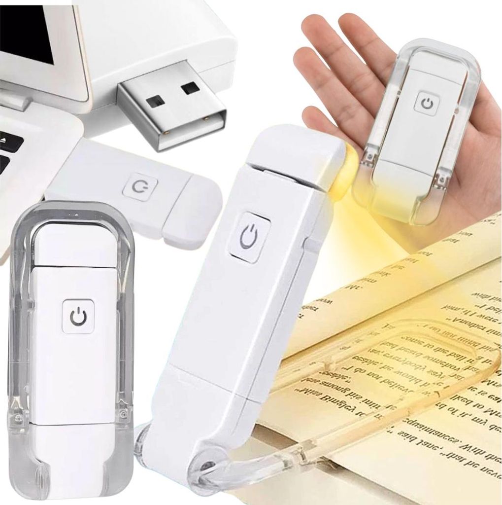 A collage of images showing a white LED book light with a USB connector, being held in a hand, clipped to a book, and plugged into a laptop.