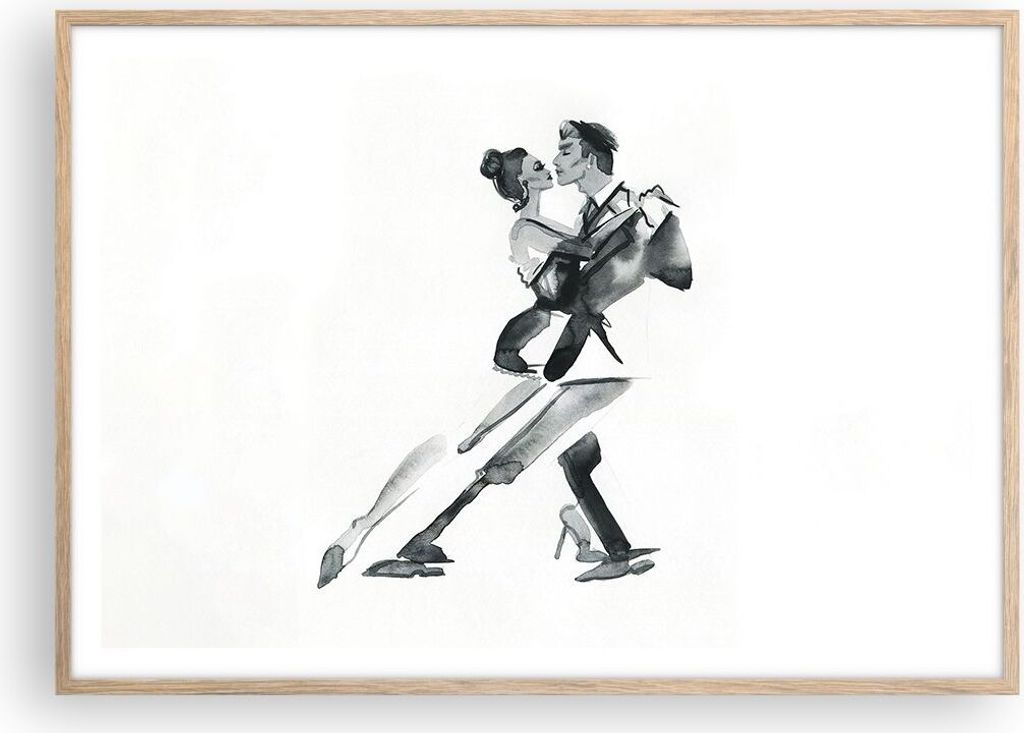 Gerahmtes Poster - Rahmen in heller Eiche - Tango Zeichnen Schwarzweiß - 100x70 cm - Wand Bild - Wanddeko - Wandbilder - Wandposter - Bilderrahmen...
