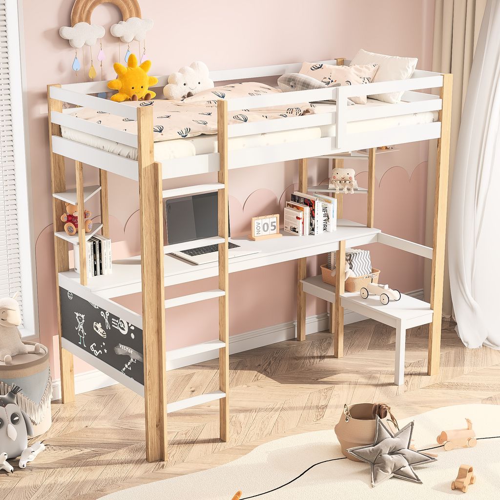 ProximaX Kinderbett, Hochbett 90x200cm mit Tisch und Bücherregal - Vielseitiges Kinderbett mit stabilem Leiter und Sicherheitsgitter, aus Kiefernh...