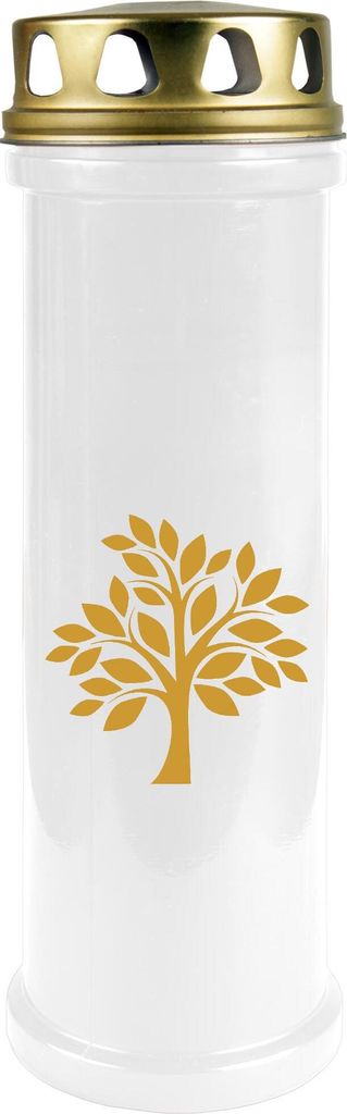 Grabkerze Weiß ( Druck Gold ), Brenndauer: 100 Stunden, Motiv: Baum