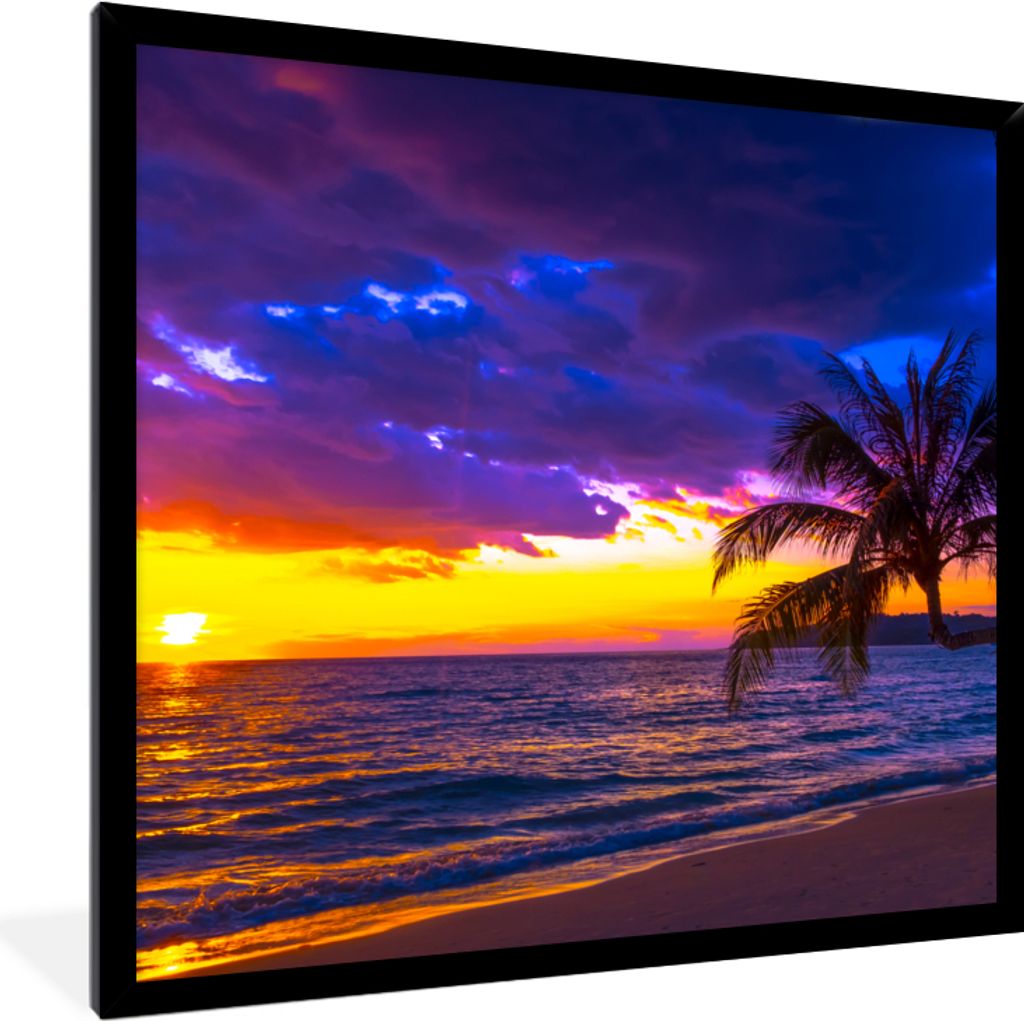 MuchoWow Gerahmtes Poster Palme - Lila - Sonnenuntergang - Strand - Meer 40x40 cm - Poster mit Schwarzem Bilderrahmen Wandposter Rahmen Foto Bild...
