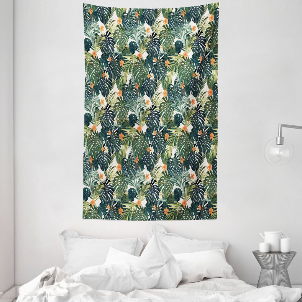 ABAKUHAUS Grün Wandteppich und Tagesdecke, Hawaiische tropische Flora aus Weiches Mikrofaser Stoff Waschbar ohne Verblassen Digitaldruck, 140 x 23...
