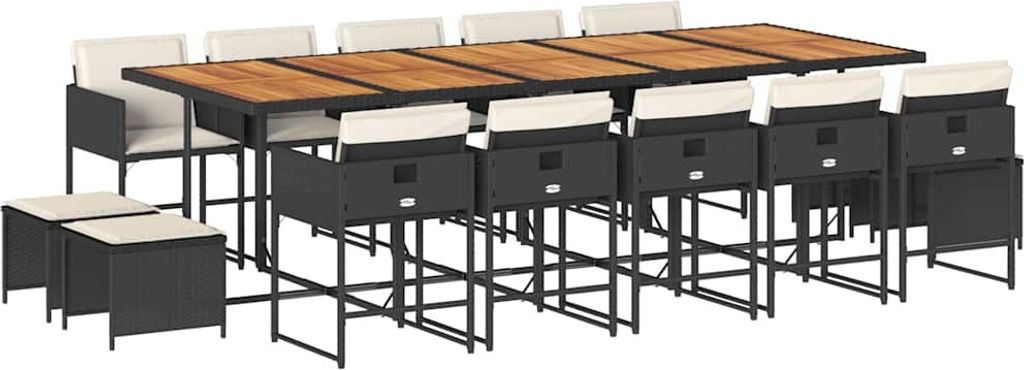 vidaXL 15-tlg. Garten-Essgruppe mit Kissen Schwarz Poly Rattan