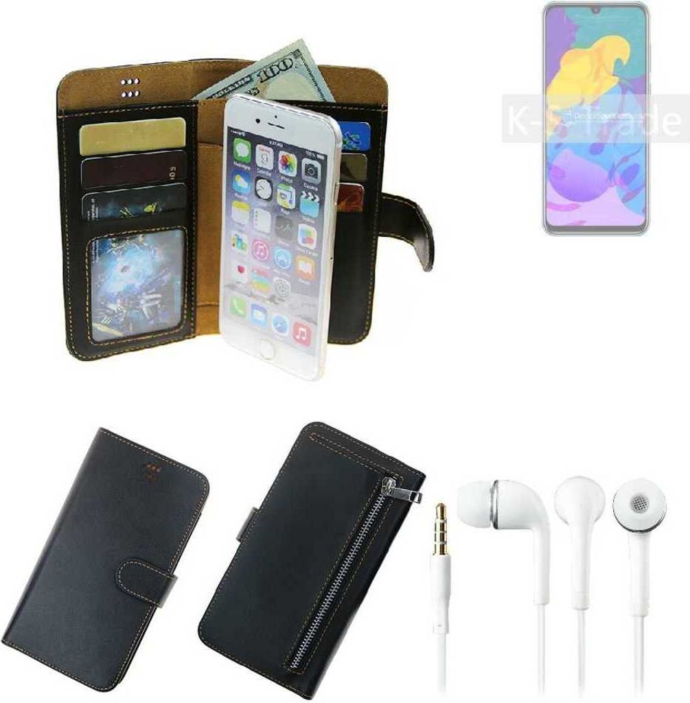 TOP SET Handy Hülle Schutz Hülle kompatibel mit Huawei Honor Play 4T Pro schwarz aus Kunstleder + Kopfhörer Smartphone Tasche vollwertige