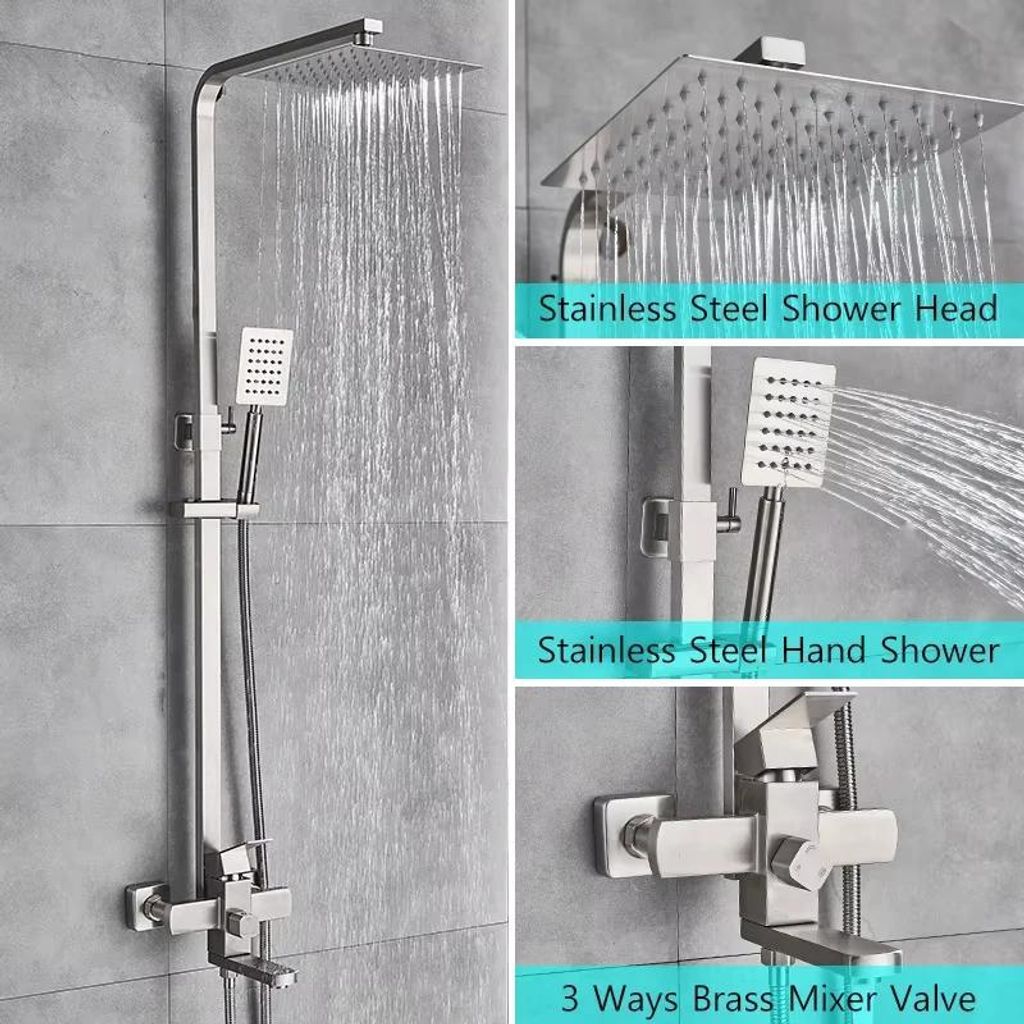 Duschset - Wandmontierte Dusch-/Wannenarmatur - Regendusche 20 cm - Handbrause - Einhebel Warm/Kalt - Schwenkbarer Auslauf - Gebürstetes Nickel