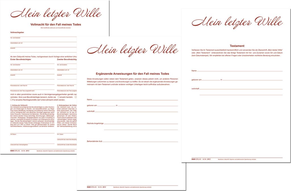 RNK Verlag Vordruck Testament "Mein letzter Wille" 220 x 162 mm