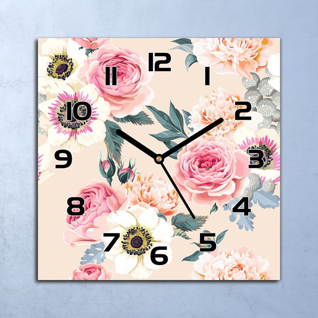 Wanduhr Echt-Glas-Küchenuhr Blumen Pflanzen Quarz Lautlos 30x30 Deko Bilder