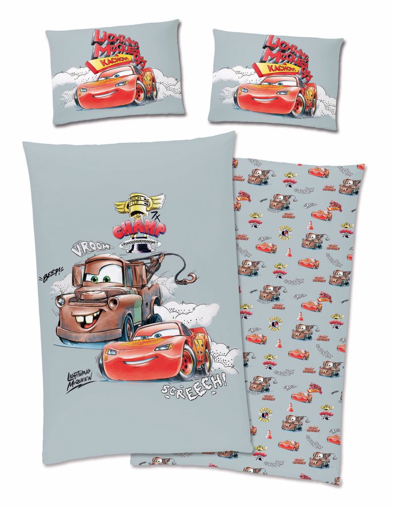 A collage of Disney Cars bedding items, including pillowcases and a duvet cover, featuring characters like Lightning McQueen and Mater.
