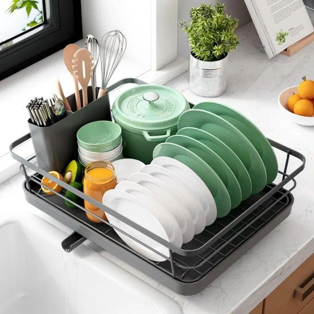 Égouttoir à vaisselle compact en acier inoxydable gris avec porte-couverts