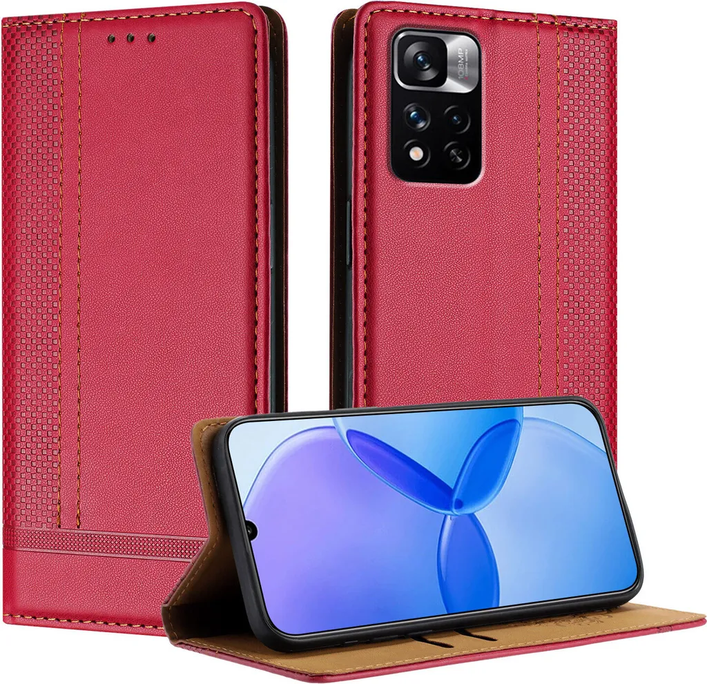 Custodia Xiaomi Poco X4 NFC 5G in Pelle Rossa con Stand e Porta Carte