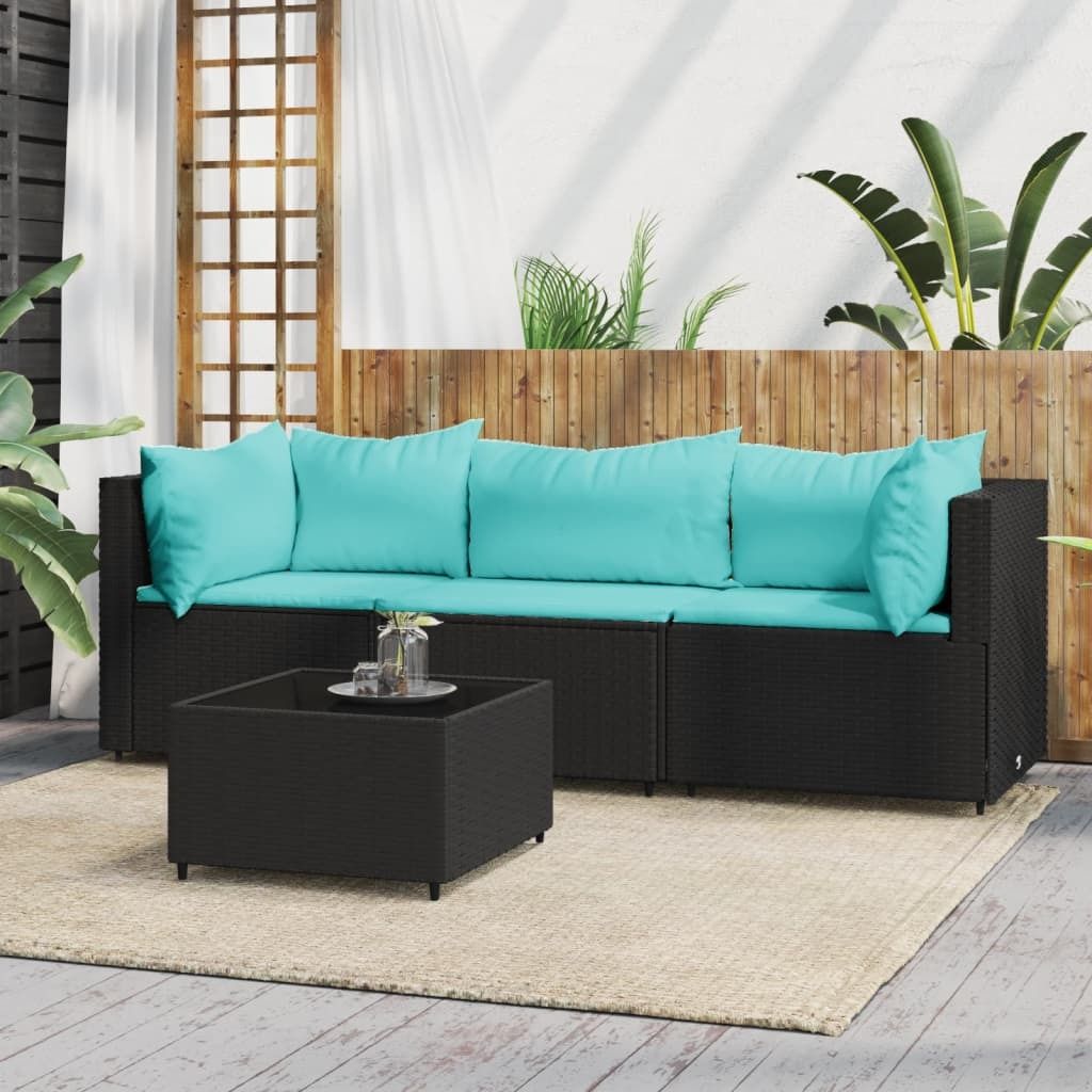 The Living Store 4-tlg. Garten-Lounge-Set mit Kissen Schwarz Poly Rattan