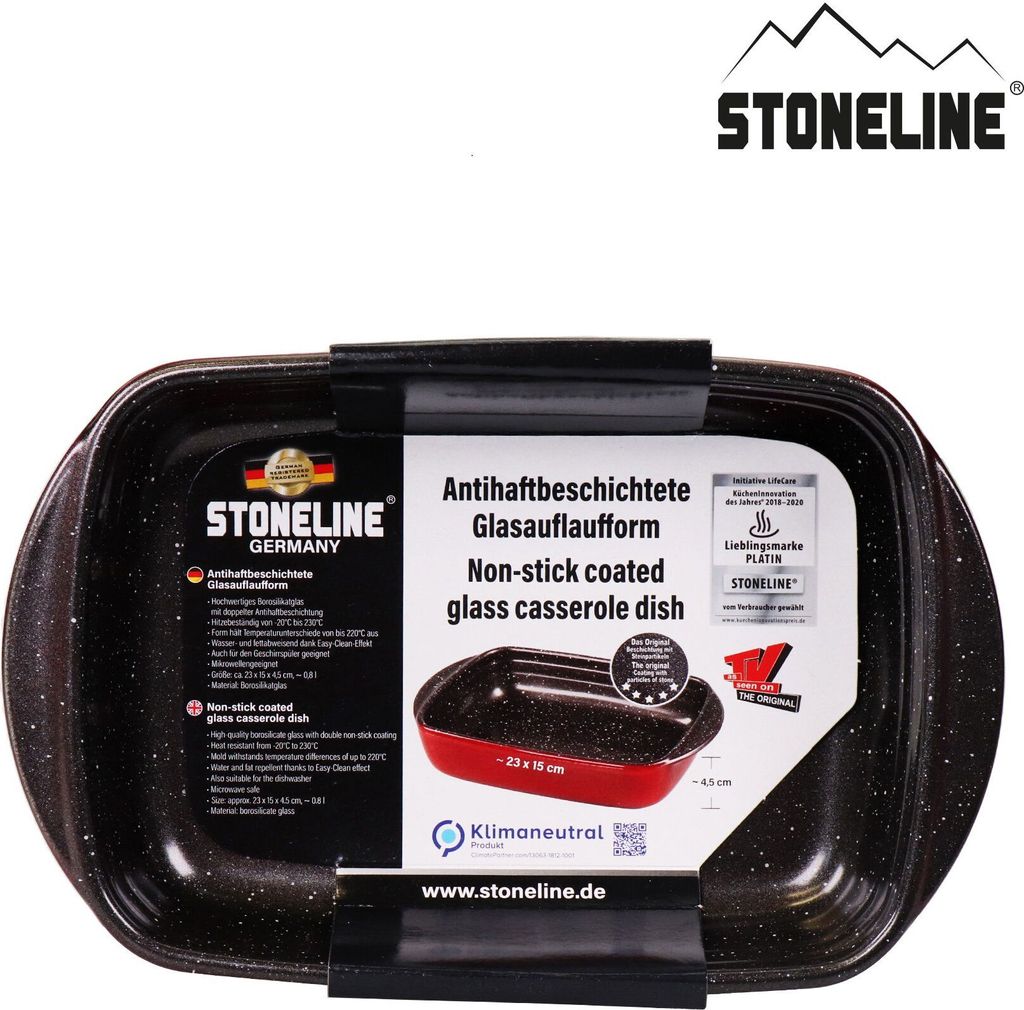 The image shows the packaging of a Stoneline casserole dish.