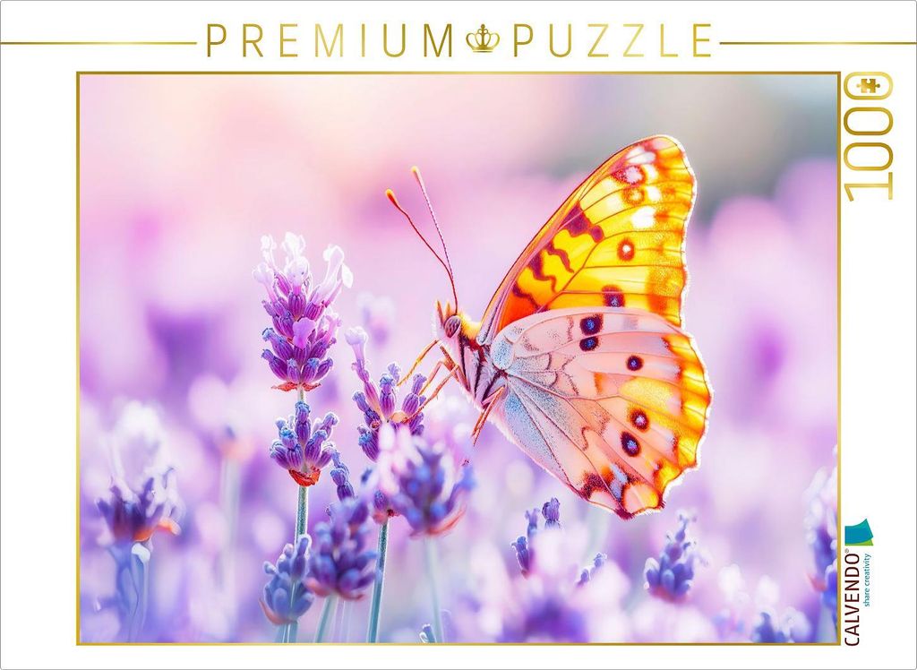 CALVENDO Puzzle Schmetterling auf Lavendelblüten im Gegenlicht | 1000 Teile Lege-Größe 64x48cm Foto-Puzzle für glückliche Stunden