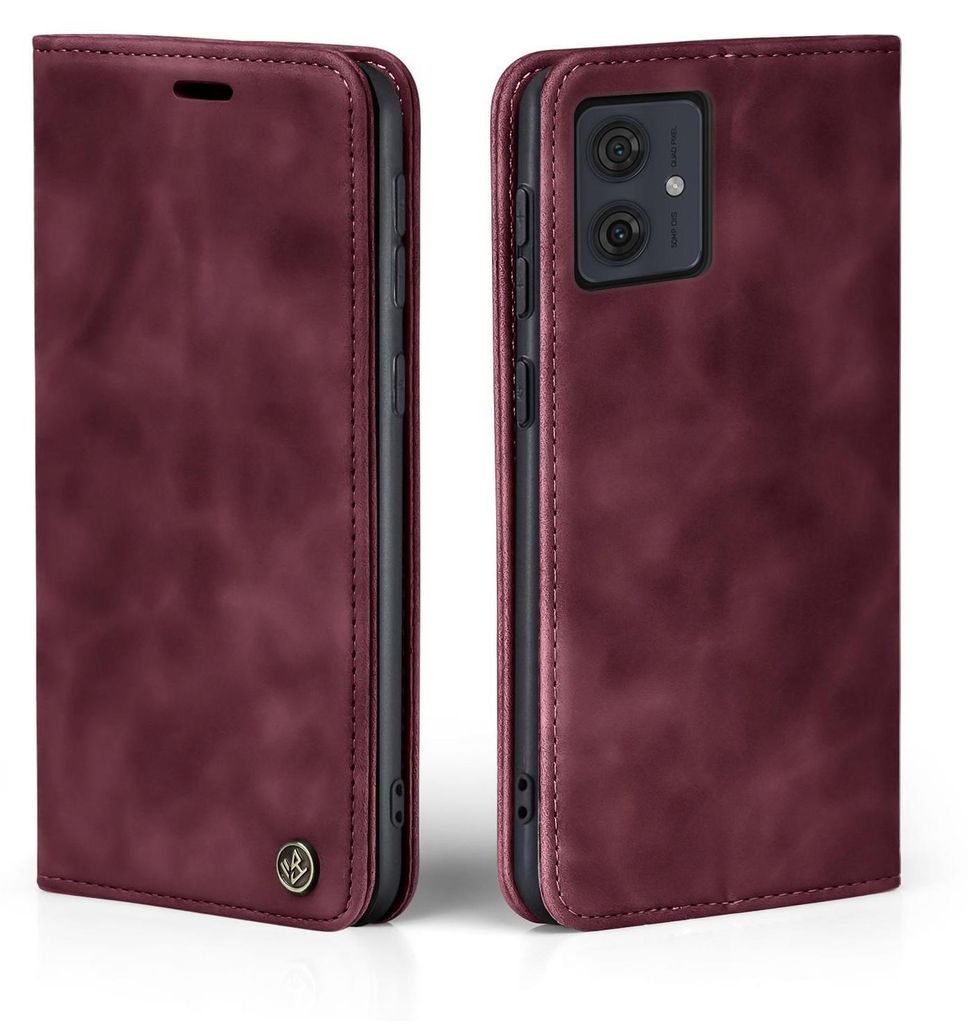 A burgundy flip case for a smartphone is shown from two angles.