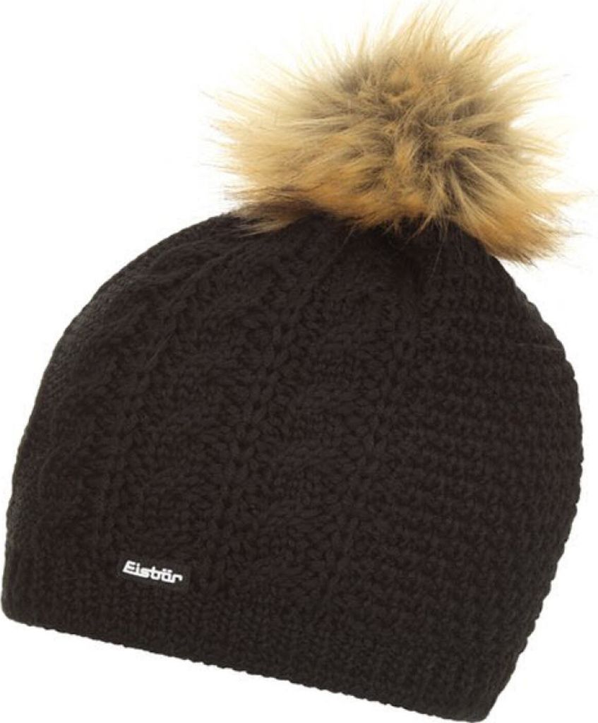 A black knitted beanie with a brown faux fur pom-pom on top, shown against a white background.