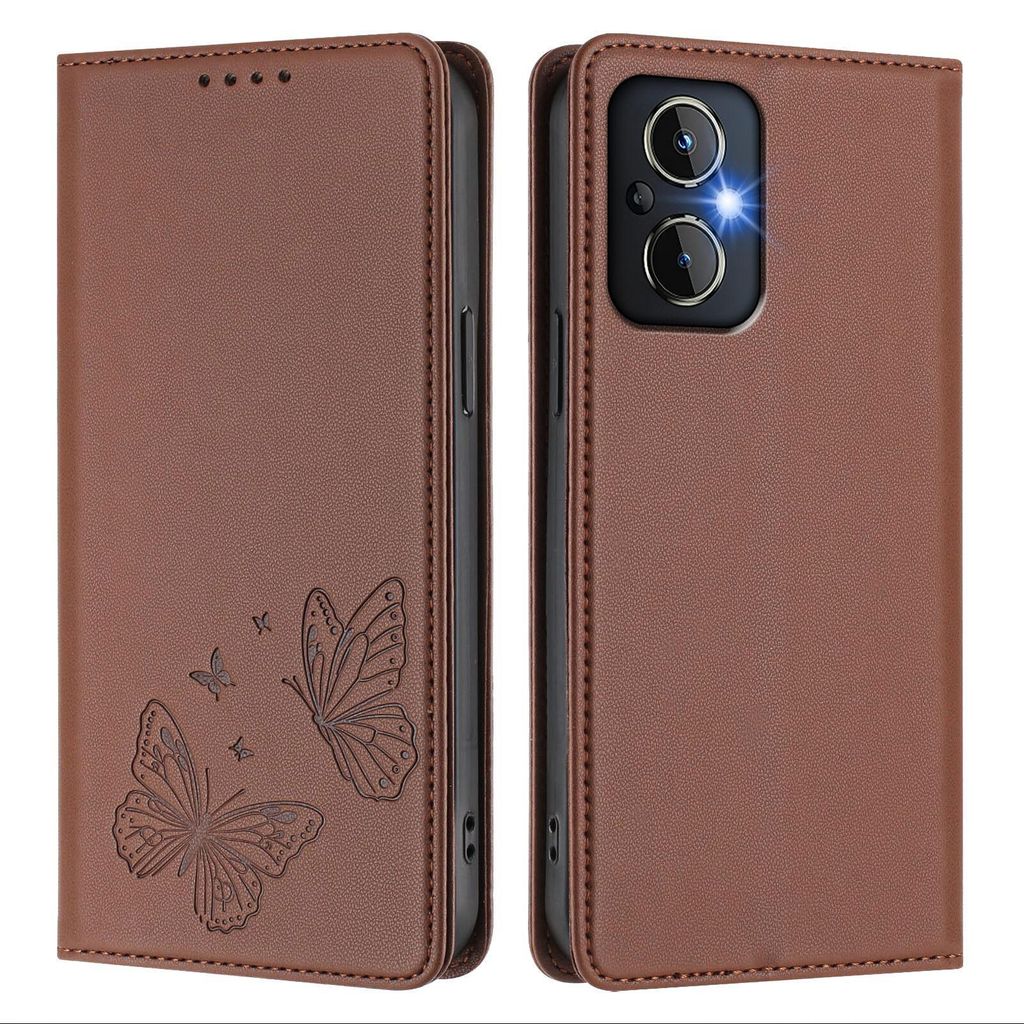 Lederhülle für OnePlus Nord N20 5G, Schmetterling Prägung Leder Brieftasche Schutzhülle mit Ständer Braun