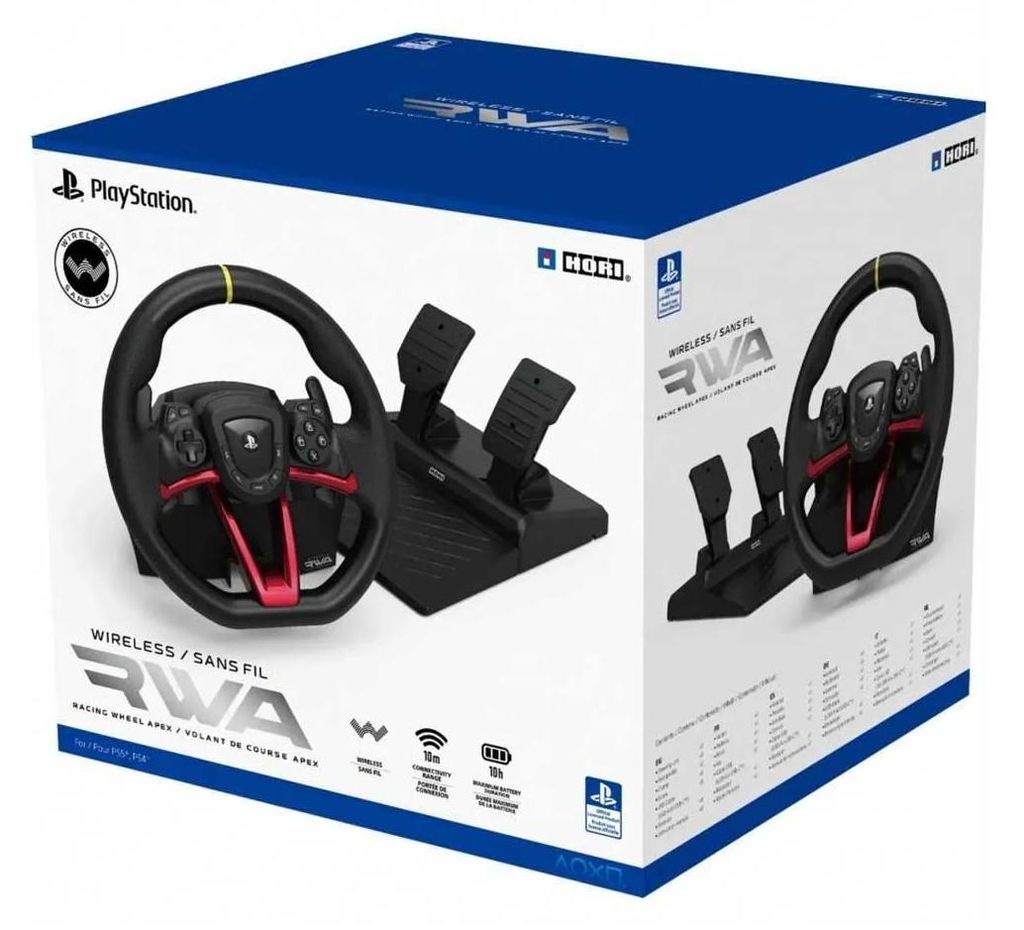 The image shows the retail packaging of a Hori Wireless Racing Wheel Apex for PlayStation 5.