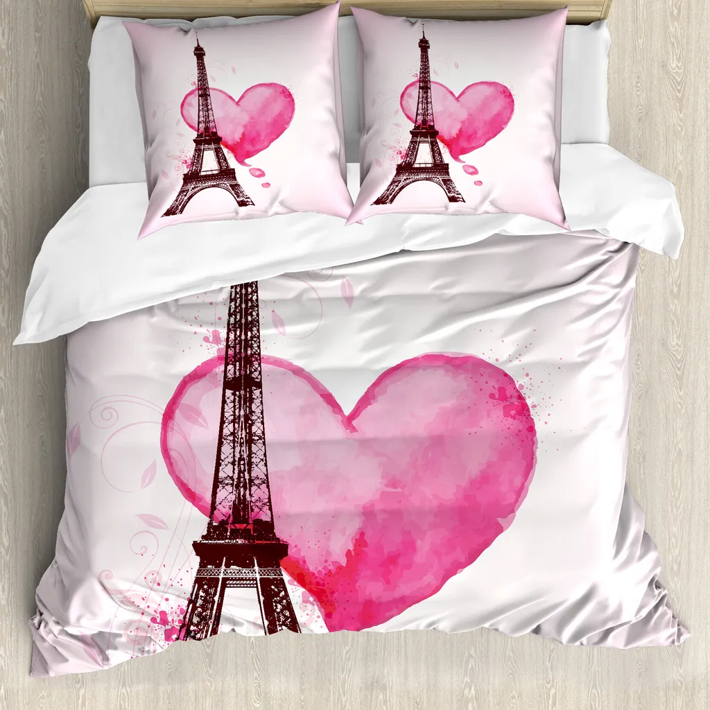 ABAKUHAUS Copripiumino Torre Eiffel, Romanzo Amore Arte, Antiacaro Adatto a chi soffre di allergie con federe, 155 cm x 220 cm - 80 x 80 cm, Fucsia Marrone