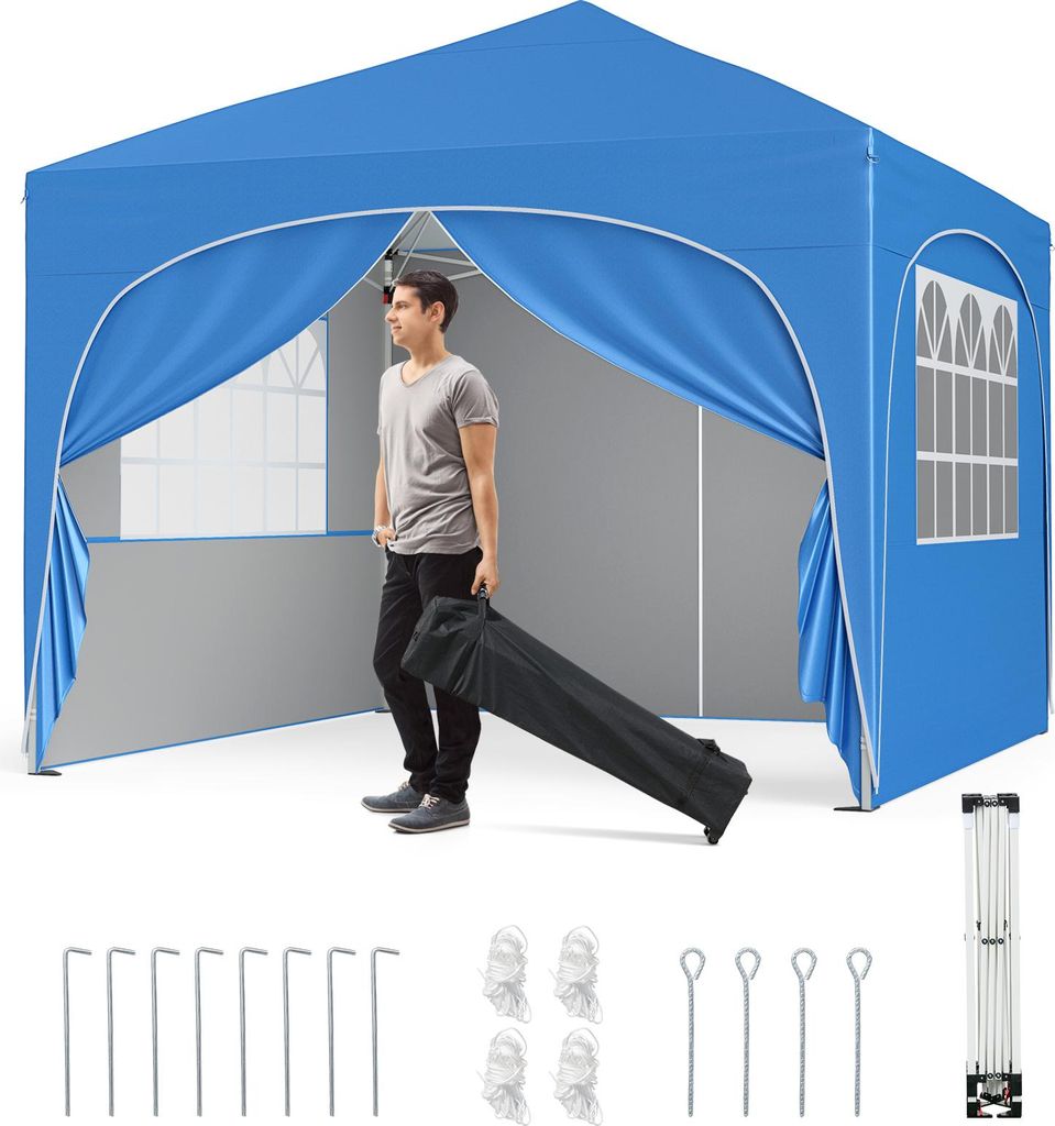 COSTWAY Faltpavillon 3x3m mit 4 abnehmbaren Seitenwänden, Pop Up Pavillon UV-Schutz, wasserabweisend, Gartenzelt, Gartenpavillon mit Tasche, Blau