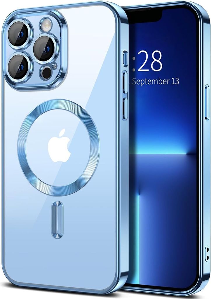 Magnetische Klar Hülle für iPhone 13 Pro Max, Kompatibel mit MagSafe, Elektroplattiert Handyhülle mit Kameraschutz Hellblau