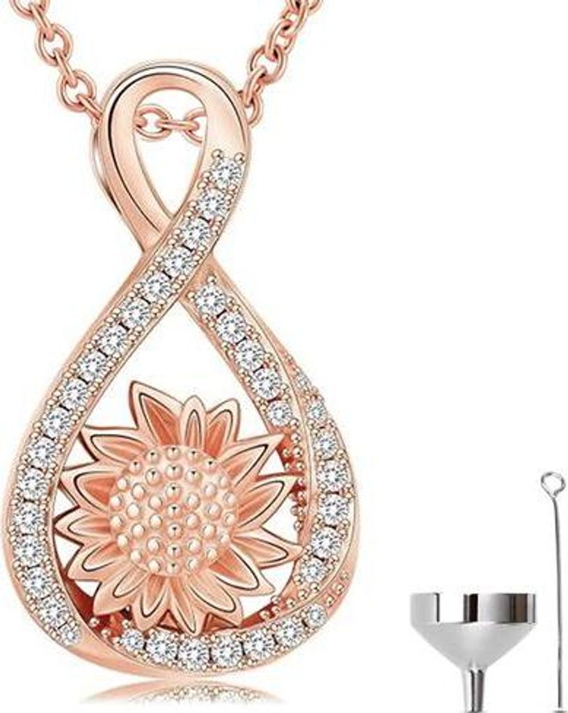 Luxe Aschenbecher-Halskette mit 55 cm Kette für Asche, Haare oder Parfum - Gedenkschmuck mit Füller und Aufbewahrungstasche - Roségold Sonnenblume