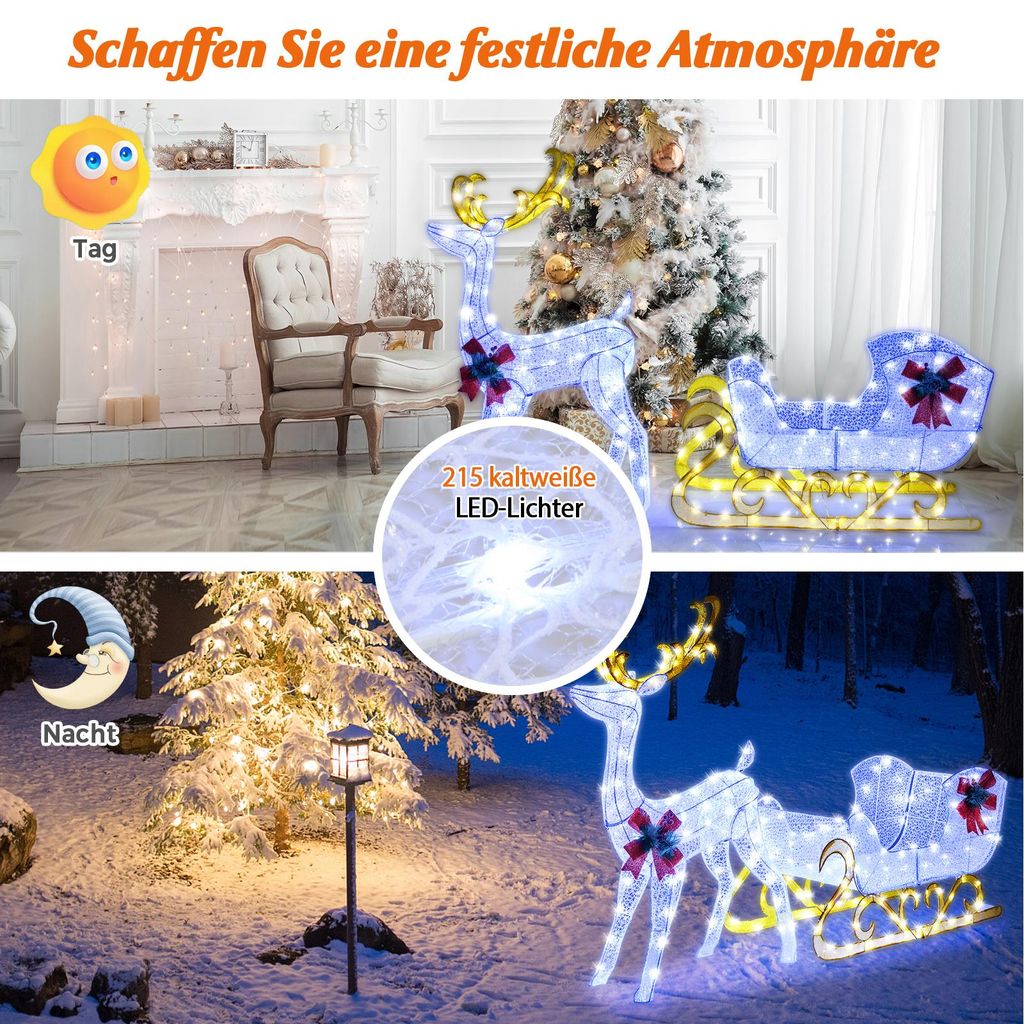 COSTWAY LED-Rentier mit Schlitten, Weihnachtsdeko, beleuchtete Rentier Weihnachtsfigur mit 100 kaltweißen Lichtern, Weihnachtsbeleuchtung