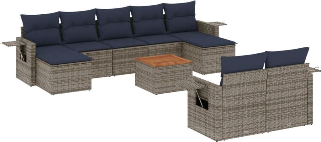 vidaXL 10-teiliges Gartensofa-Set mit Kissen, grau, Polyrattan