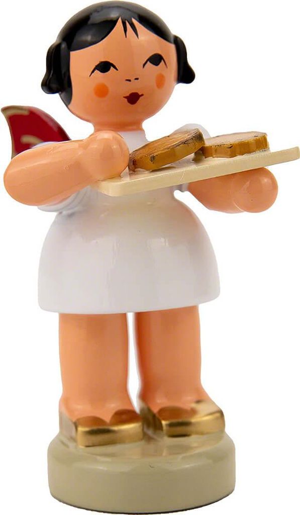 Engel stehend mit zwei Dalken - Rote Flügel (6cm) von Kunstgewerbe Uhlig