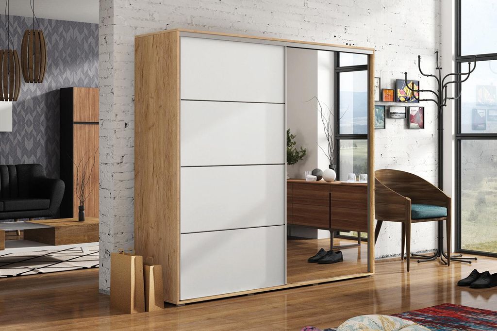 A12 Schlafzimmerschrank mit Zwei Schiebetüren Spiegel, Kleiderstange und Regalen - Korpus: Craft Gold Fronten: weiß - 125 X 62 X 215 cm