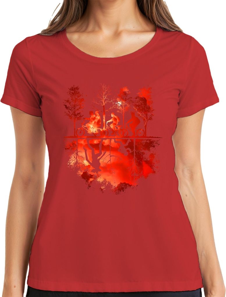 Upside Down Fahrräder Kinder Wald Monster Horror 80er Retro Damen T-Shirt, Rot, S