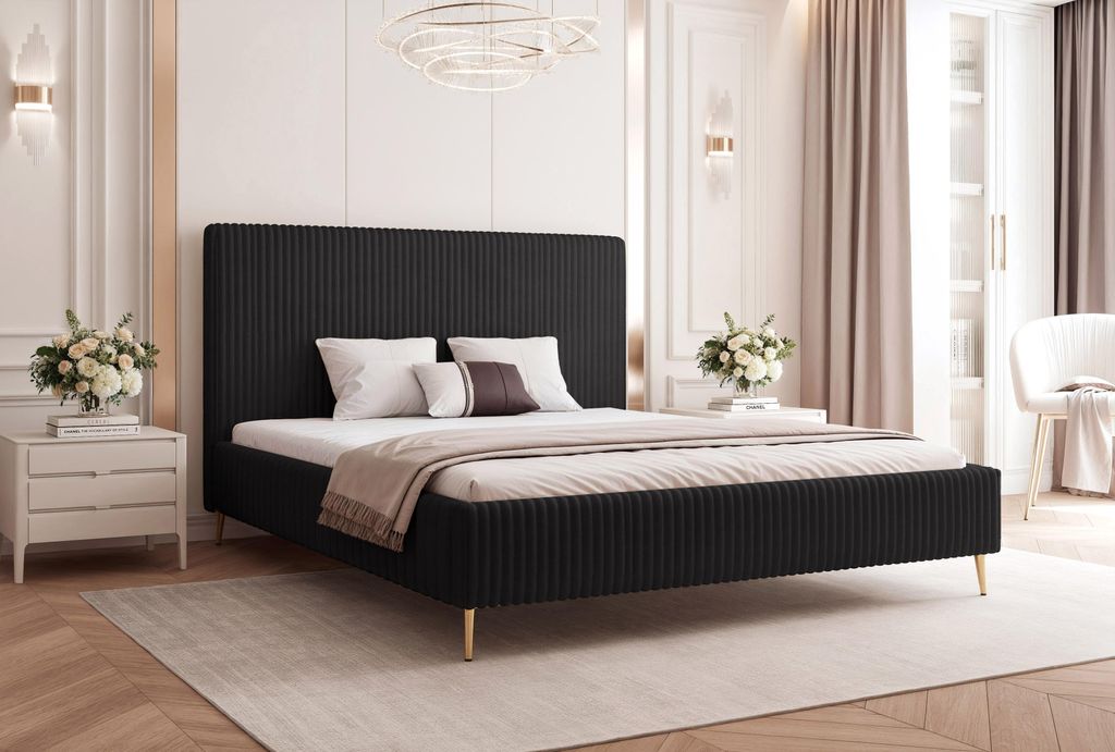 BESILIO Bett 200x200 Vienna – Bett mit Stauraum, schlankes Bett, Lattenrost – Samtstoff – Schwarz