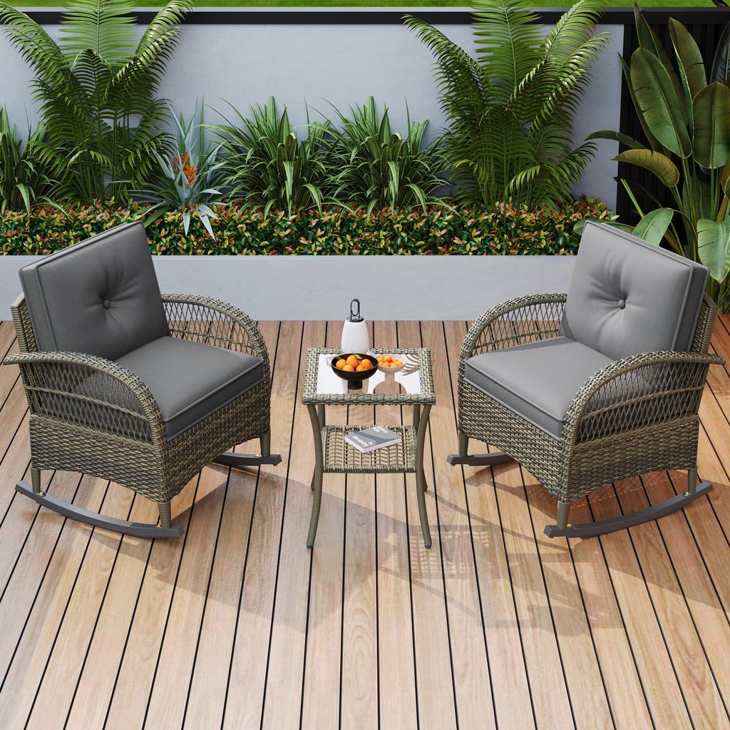 Abrihome Gartenmöbel-Set 3-tlg., Balkonset mit 2 PE-Rattan-Schaukelstühle und Tisch, Bistro-Set inkl., Grau