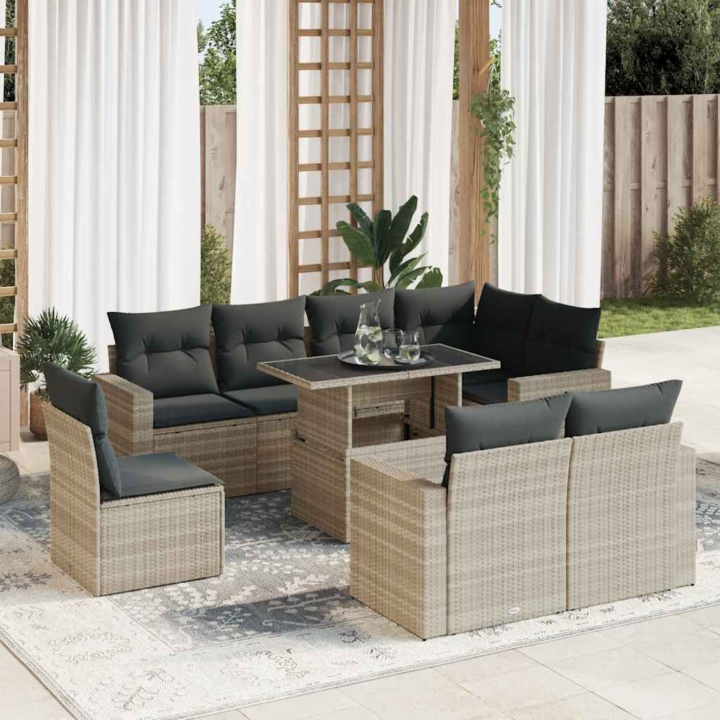 "Rabatt" 9-tlg. Garten-Sofagarnitur - mit sofa - mit Kissen Hellgrau Poly Rattan - Lounge-Dining set CC11980
