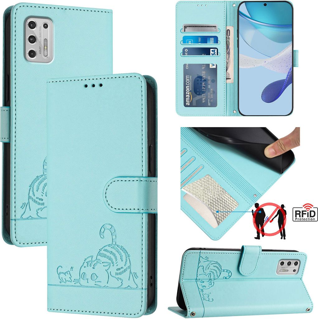Leder Hülle für Motorola Moto G Stylus 4G (2021) Süße Katze Flip Case Brieftasche Schutzhülle mit Standfunktion hellgrün