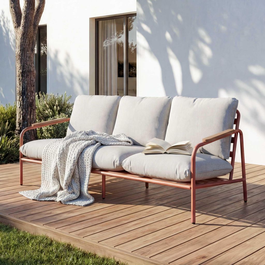 Aluminium-Gartenbank MCW-O11, Outdoor 3-Sitzer Sitzbank Sofa, Olefin Stoff (205 g/m²) 184cm terrakotta Polster beige