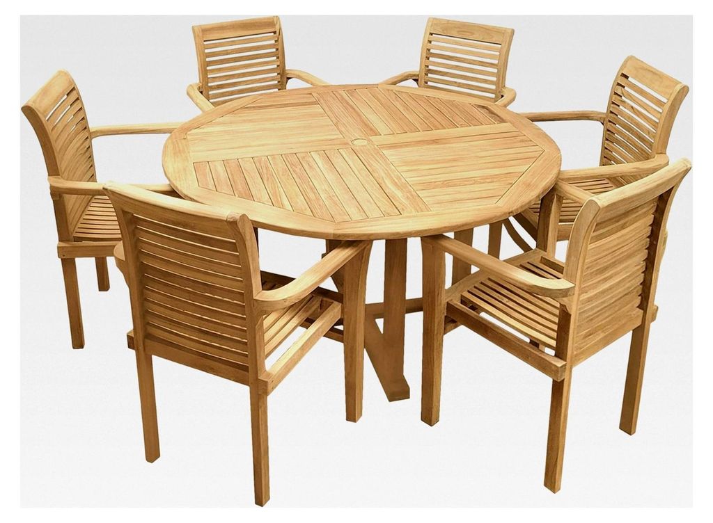 Gartenmöbel Set aus Holz - 7-teilig - unbehandeltes Teakholz - 1 Tisch + 6 stapelbare Stühle - wetterfester Gartentisch für den Außenbereich - ...