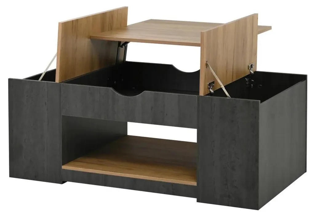 Table basse design avec rangement caché et finitions gris bois marron