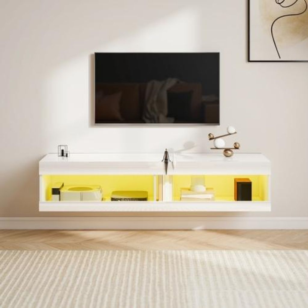 TV Schrank Haengendes Lowboard mit RGB LED 140x40x30 cm Holz Gloss Weiss fuer 55-60 Zoll Fernseher