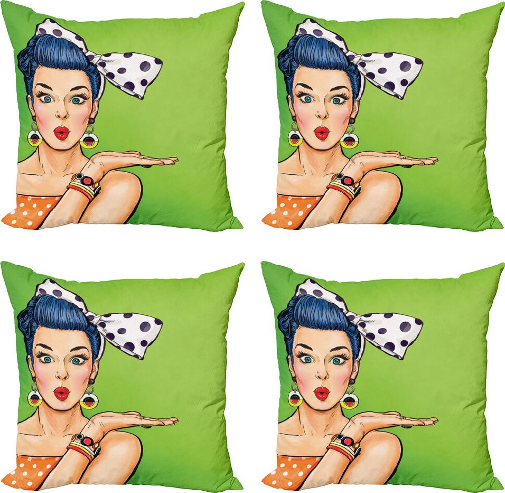 ABAKUHAUS Lippen Kissenbezug Set (4 Stück), Retro Mädchen-Tupfen-Kleid, Moderner Doppelseitiger Digitaldruck, 45 cm x 45 cm, Mehrfarbig