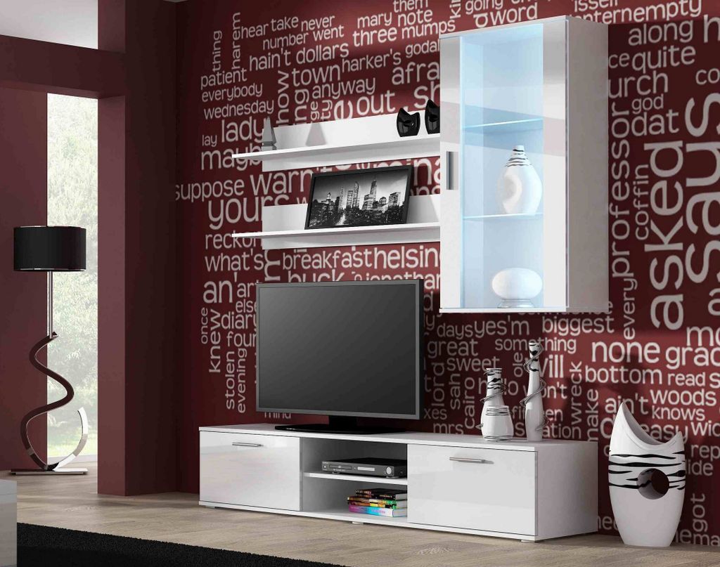 Furniture24 Wohnwand SOHO 5 mit Blauer LED Beleuchtung, Anbauwand, Wohnzimmerschrank, Schrankwand, Vitrine, Lowboard, Hängeregal Weiß/Weiß Hochg...