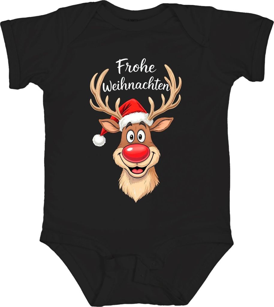Frohe Weihnachten Rentier Rudolph Rotnase Nikolaus Mütze Lustig Unisex Baby Body, Schwarz, 6/12