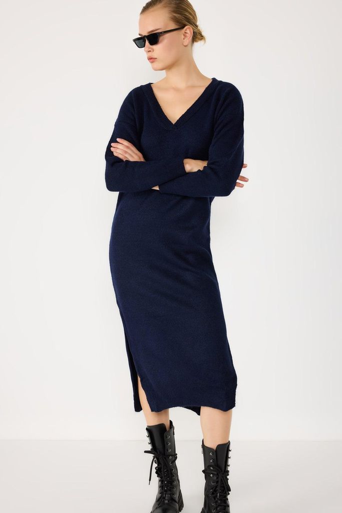 Langärmeliges Strickkleid in Midi-Länge, Dark Navy, Standart Size