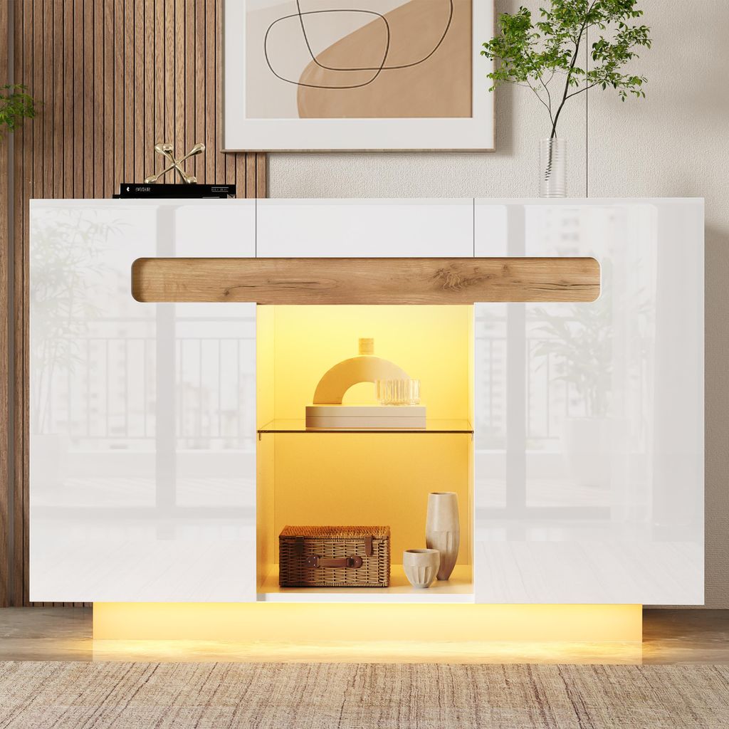 Merax Sideboard mit LED Beleuchtung, Kommode mit Schublade und Glasregale, Modernes High Gloss Design, Anrichte für Wohnzimmer Küche Flur, Weiß+...