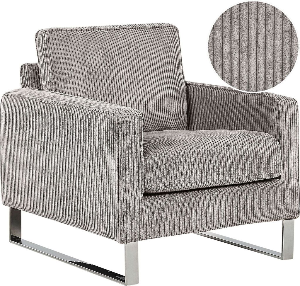 BELIANI Sessel Grau Cord Lederoptik Edelstahl Dicke Sitzfläche Retro-Stil Wohnzimmer