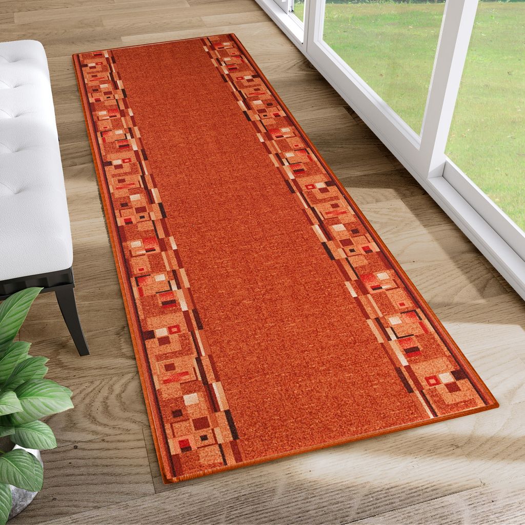 Läufer Teppich Meterware Flur Brücke Wohnzimmer Schlafzimmer Kurzflor Modern Design Rutschfest Rot Orange Fuchsrot Vierecke Küche 80 x 720