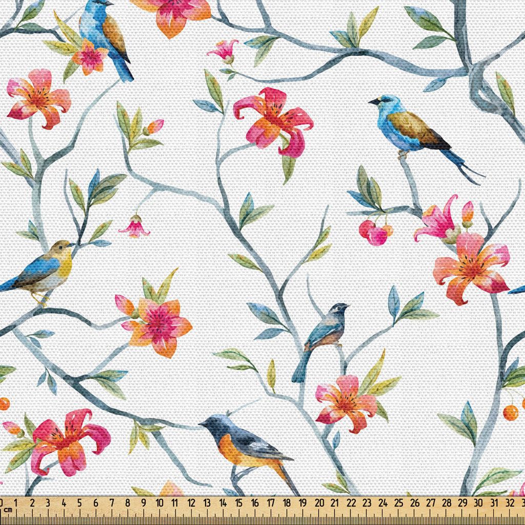 ABAKUHAUS Aquarell Gewebe als Meterware, Vögel auf den Zweigen mit Blumen und Blättern Szenen aus der Natur Kirschbaum Bild, 1 M (148 x 100 cm), ...